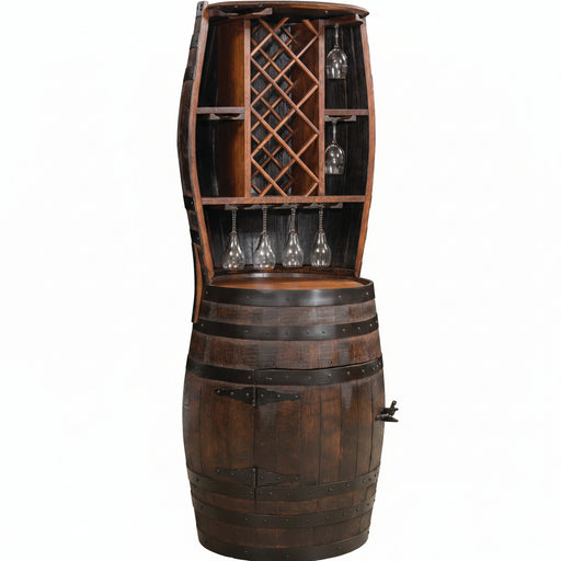 Whiskey Barrel Hutch 7 Bottle Storage with 20 Wine Glass Storage Amish Made Front Facing