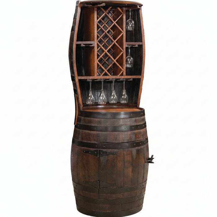 Whiskey Barrel Hutch 7 Bottle Storage with 20 Wine Glass Storage Amish Made Front Facing