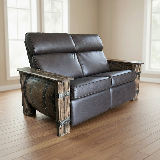 Amish Whiskey Barrel Love Seat Recliner Top Grain Leather Solid Oak Hand Made Whiskey Barrel Sofa