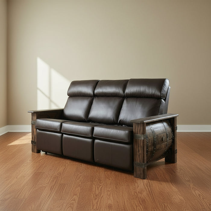 Amish Whiskey Barrel Recliner Sofa Top Grain Leather Solid Oak