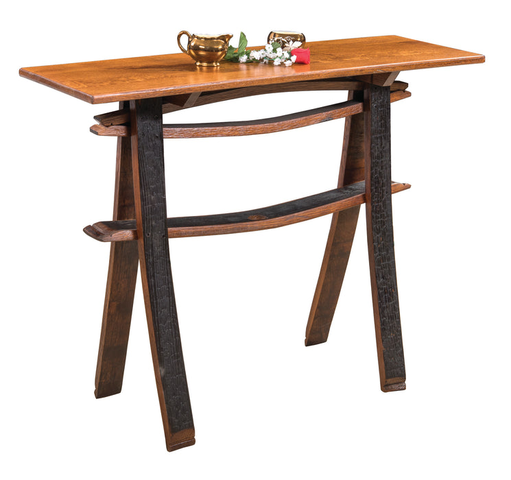 Whiskey Barrel Sofa Table with Stave Shelf Amish Made Front Facing