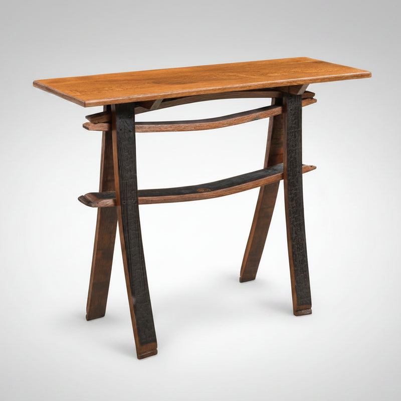 Whiskey Barrel Sofa Table with Stave Shelf Amish Made Front Facing