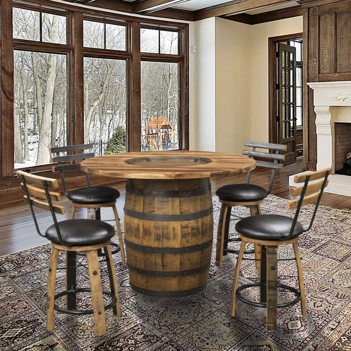 Whiskey Barrel Base Table with Hickory Wood Top and Whiskey Barrel Stave Bar Stools with Swivel Seat Amish Made Front Facing