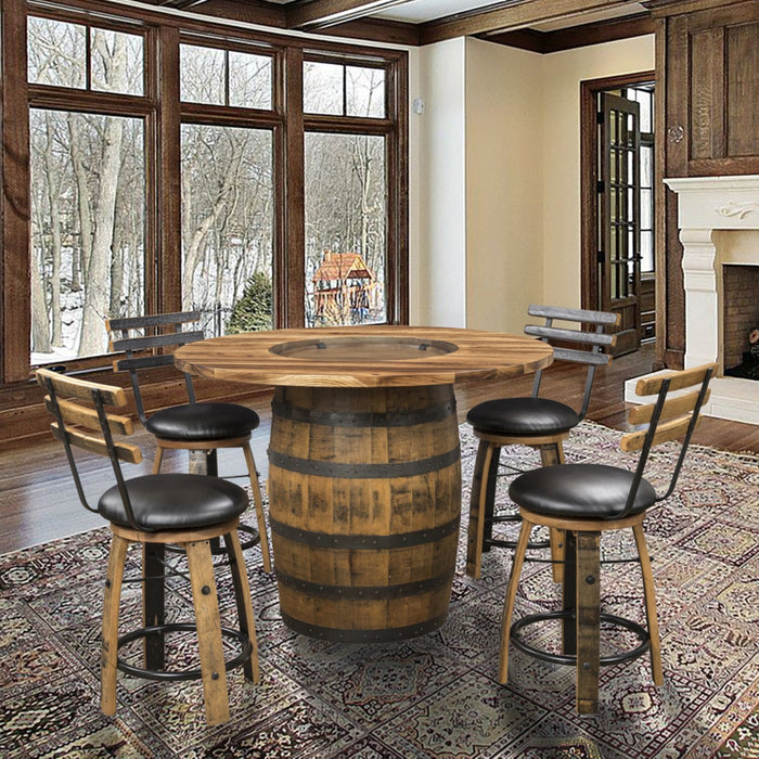 Whiskey Barrel Base Table with Hickory Wood Top and Whiskey Barrel Stave Bar Stools with Swivel Seat Amish Made Front Facing