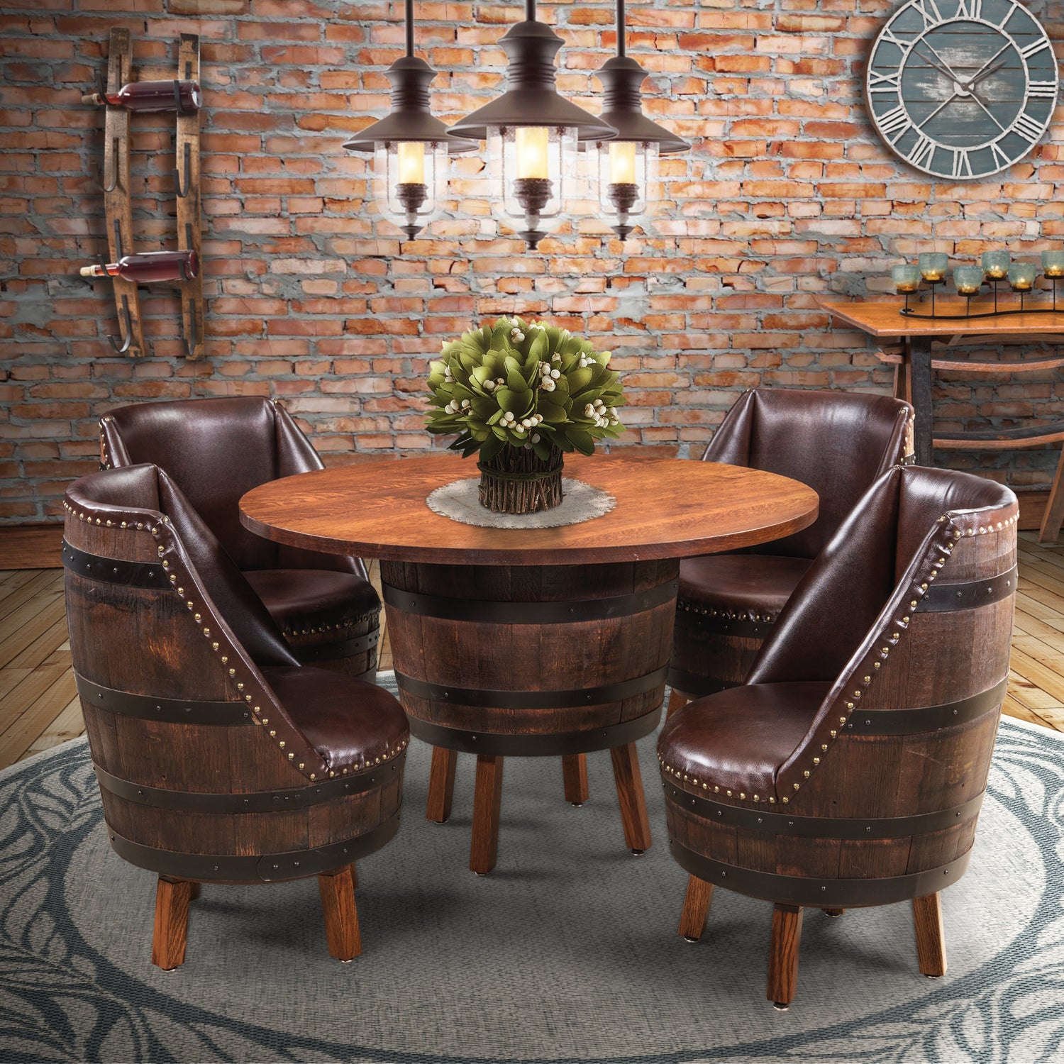 Whiskey Barrel Table with Legs and Upholstered Whiskey Barrel Chair Amish Made Front Facing