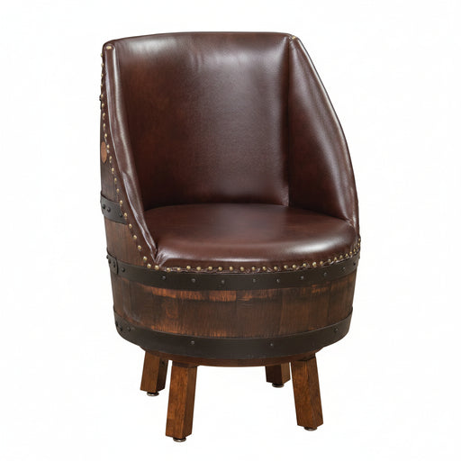 Whiskey Barrel Upholstered Barrel Chair Gold Tacks Black or Brown Leather Amish Made Front Facing