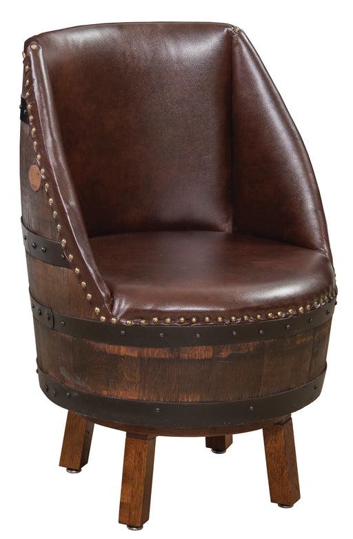 Whiskey Barrel Upholstered Barrel Chair Gold Tacks Black or Brown Leather Amish Made Front Facing