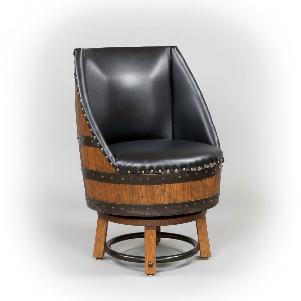 Whiskey Barrel Upholstered Barrel Accent Chair with Swivel Seat and Metal Ring Base Amish Made Front Facing