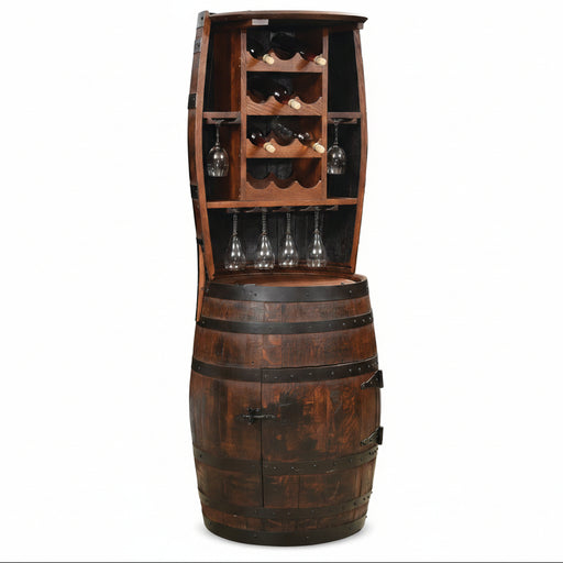 Whiskey Barrel Wine Bottle Holder Hutch Wine Bottle and Goblet Storage Amish Made Front Facing
