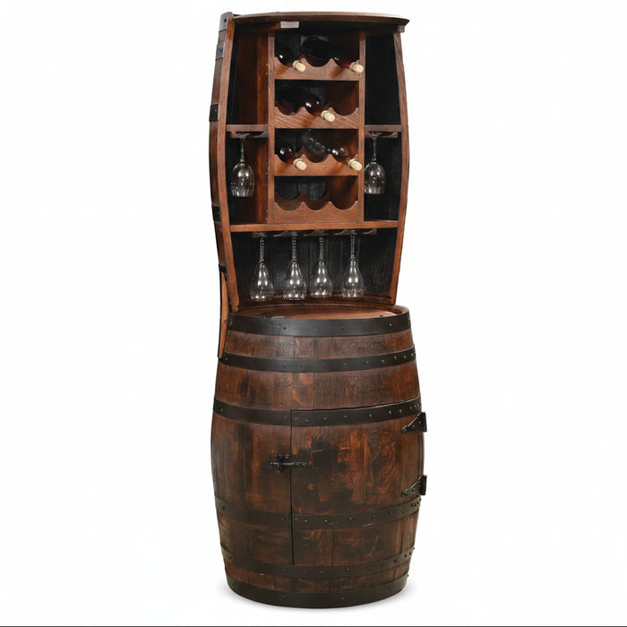 Whiskey Barrel Wine Bottle Holder Hutch Wine Bottle and Goblet Storage Amish Made Front Facing