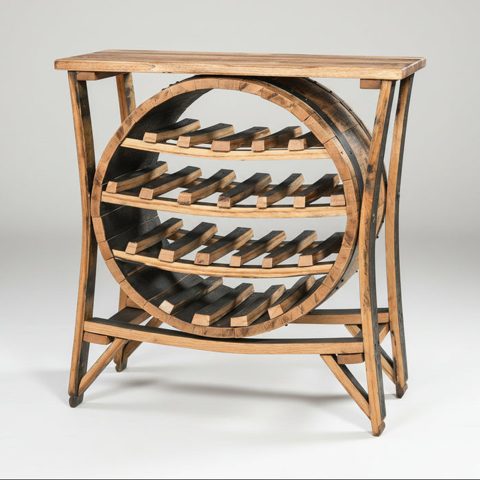 Amish Whiskey Barrel Wine Rack Sofa Table with Half Barrel Storage