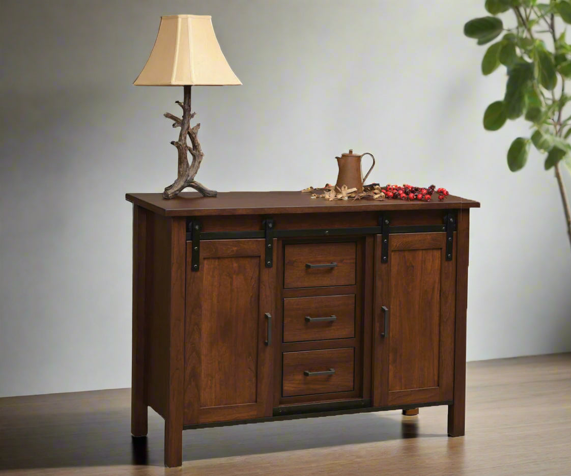 Amish Winston 48" 3-Door Buffet (2502)
Hardware: 55276BBR
1 Adjustable Wood Shelf Behind Each Door