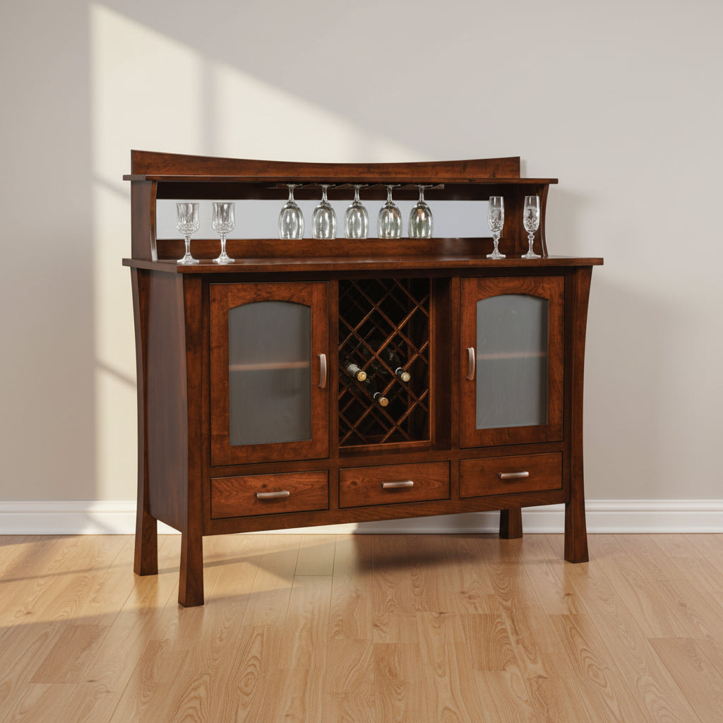 Amish Woodbury Buffet w/ Wine Rack
Hardware: K519-96 DBAC Pulls
2 Adjustable Wood Shelf
Holds 17 Wine Bottles