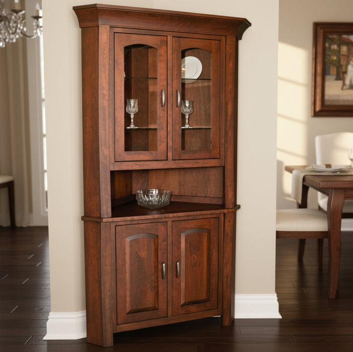 Amish Woodbury Corner Hutch
Hardware: K519-96 DBAC Pulls
Touch Lights
(2) Adjustable Glass Shelves in Top
(1) Adjustable Wood Shelf in Base
Touch Lights 