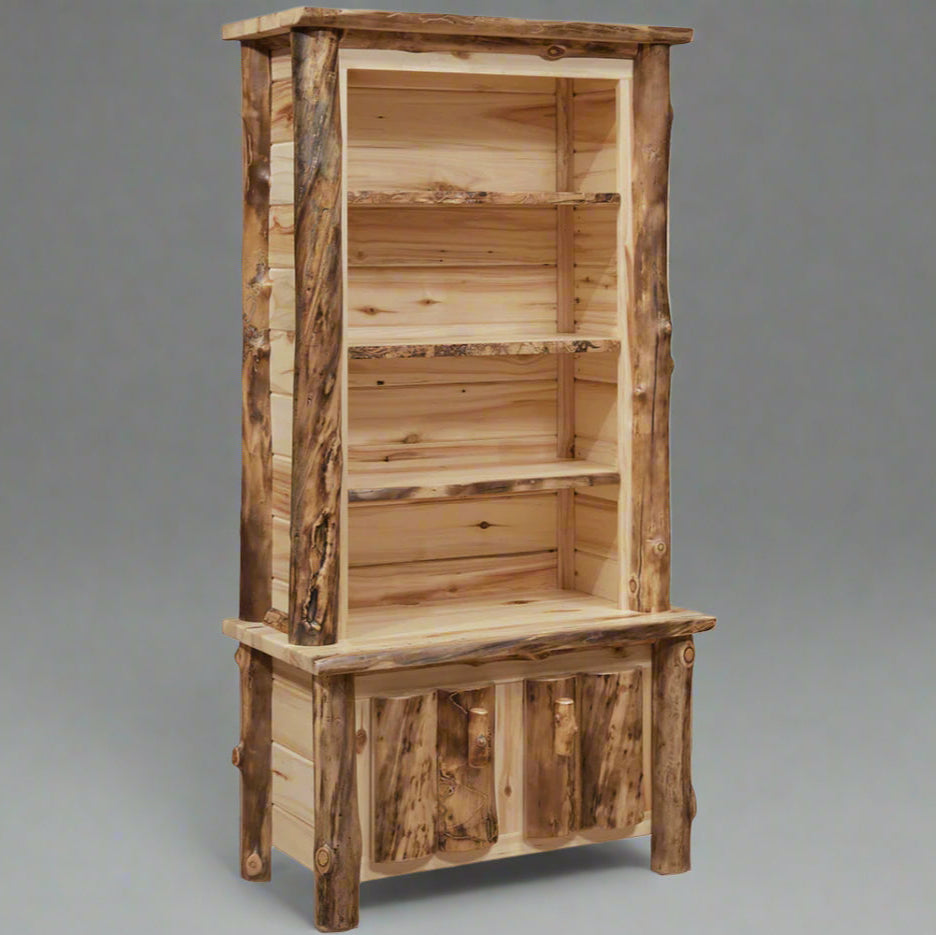 Amish Yellow Stone Aspen Log Bookcase with Doors on Bottom Rustic Log Cabin Book Shelf Bookcase