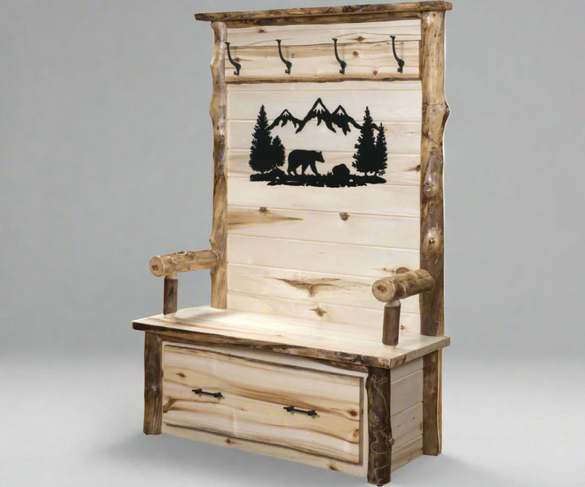 Amish Yellow Stone Hall Seat Hall Bench with Black Bear Metal Silhouette Rustic Log Cabin Entry Bench 