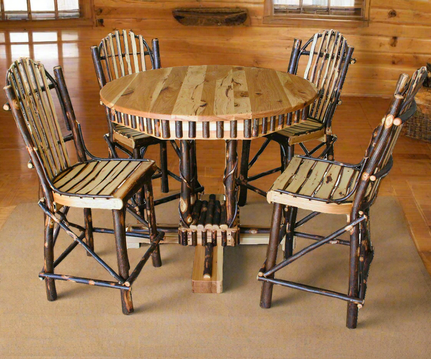 Amish Yoder's Hickory Log Pedestal Table and Kitchen Bar Chairs  Natural Hickory & Oak Log Dining Set