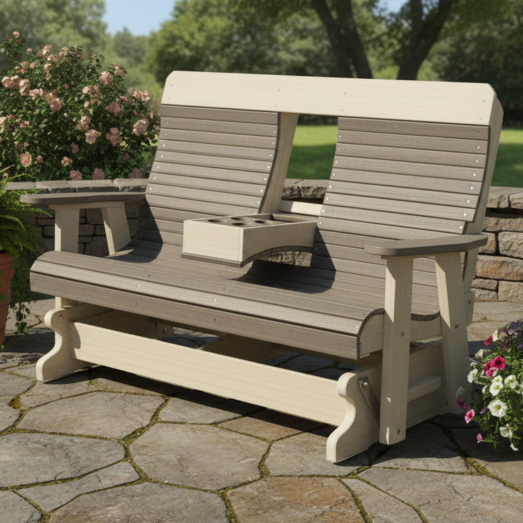 Amish Yukon Contour Back Poly 5' Settee Glider - Poly Color Brazilian Walnut on Watherwood - Maintenance Free! - Main Photo