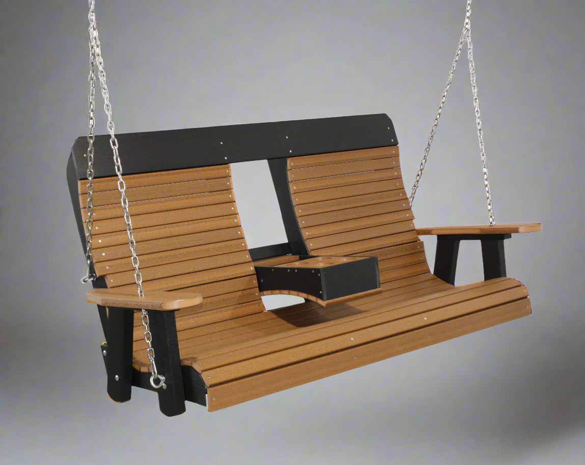 Amish Yukon Contour Back Poly 5' Settee Swing - Poly Colors Antique Mahogany on Black - 20 Year Warranty - Main Photo