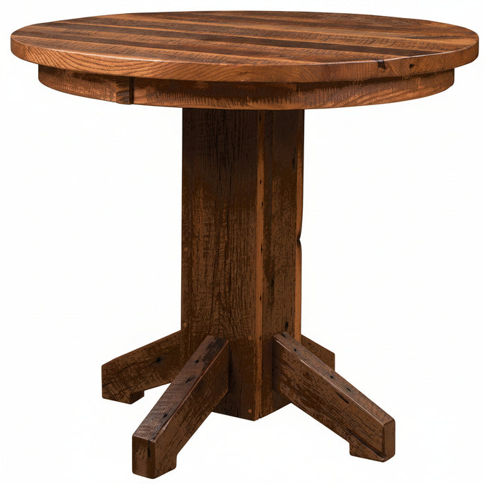 Amish Round Barn Beam Table & Settlers Bar Chairs Pub Dining Sets Reclaimed Barnwood
