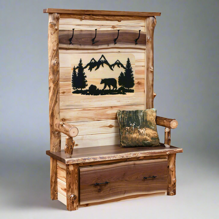 Amish Yellow Stone Hall Seat Aspen Log with Walnut Live Edge Accents