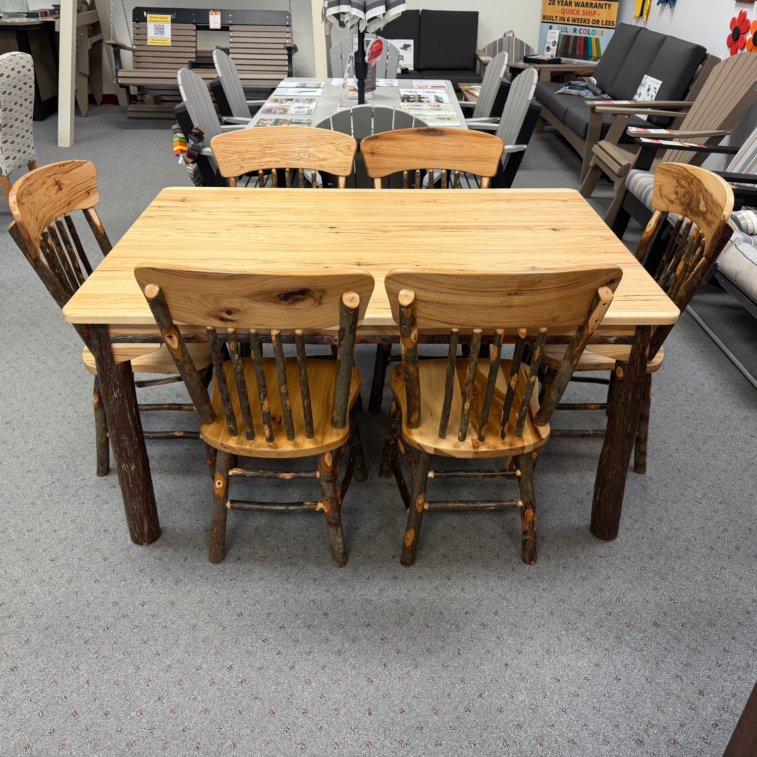 Custom Amish Hickory Log Dining/Counter/Bar Set with (6) Panel Back Chairs (Swivel Seats on Counter/Bar)
