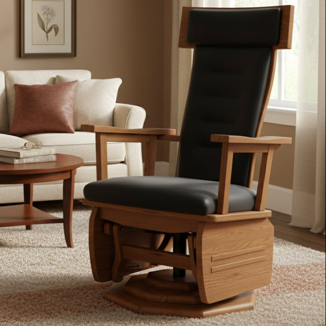 Quick Ship Amish London Buckeye Swivel Glider - Amish Made Swivel Glider  - Buckeye Rocker's - No Background - Oak - Black Leather