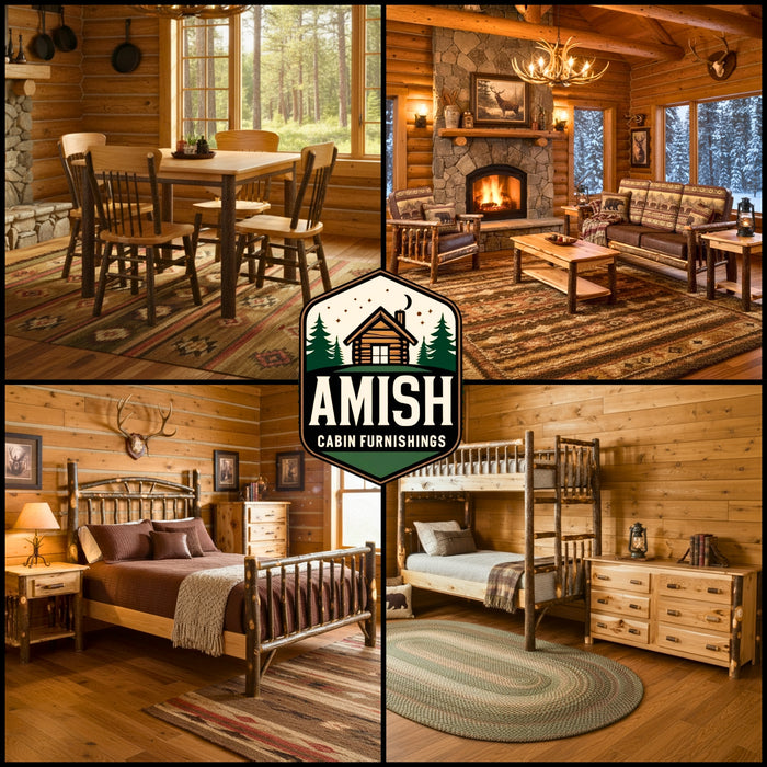 Pocono Hickory Log Cabin Furniture Package | Dining Room, Living Room, Primary King Bedroom and Bunk Bed Spare Room