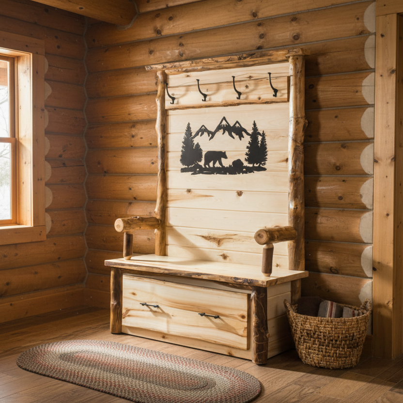 Cabin Hall Seat Aspen Log Quick Ship Hall Seat Yellow Stone Hall seat