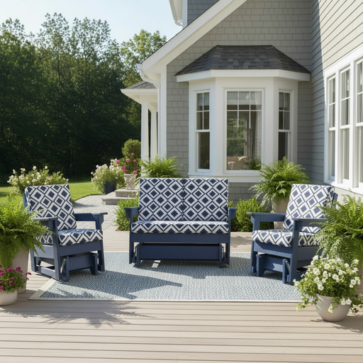 Outdoor furniture set with blue frames and patterned cushions on a white background