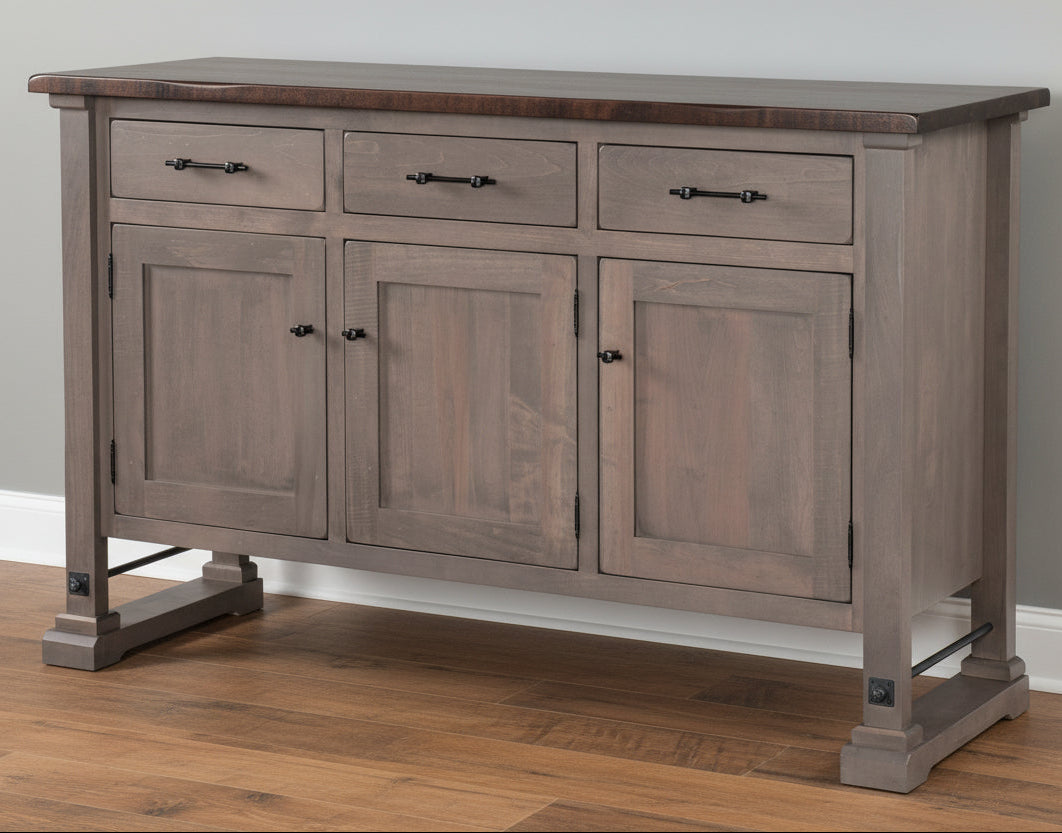  Standard Hardware: K558-BL Pulls, K58-BL Knobs
- Three Drawers on Full Extension Slides
- Three Doors
- Adjustable Shelves
- Rough Sawn Top
- Metal Stretcher on Feet 