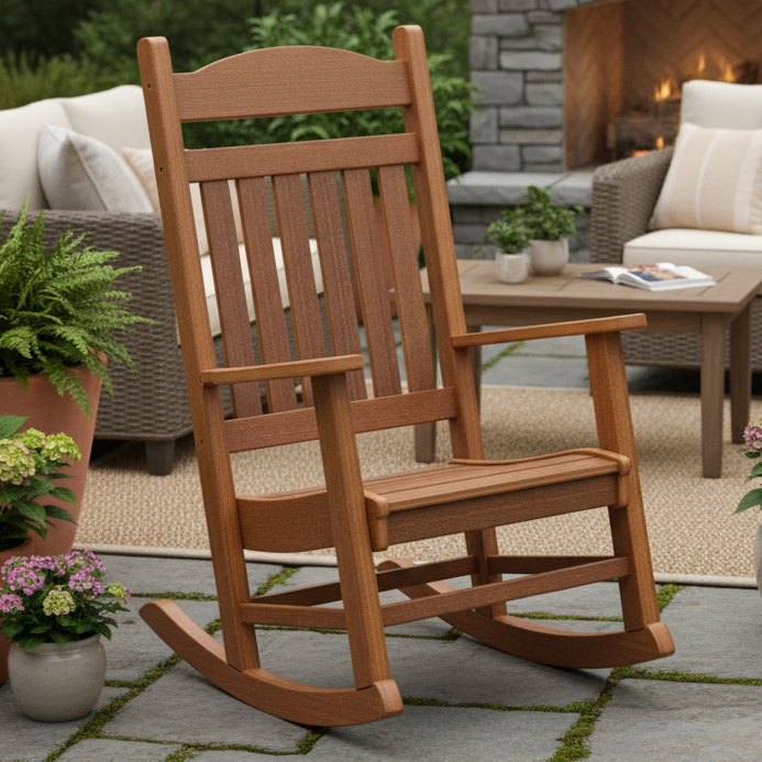 Amish Casual Time Rocking Chair - Antique Mahogany - Tangent Poly - Amish Made Poly Rocking Chair