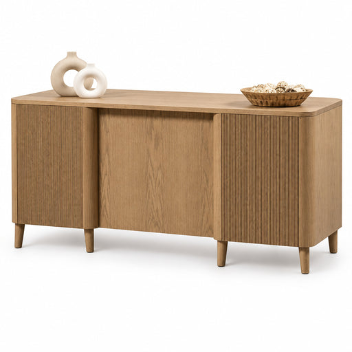 A mid-century modern sideboard cabinet in a light oak wood finish, styled with two white ceramic vases and a woven basket bowl on top, set against a solid white background.