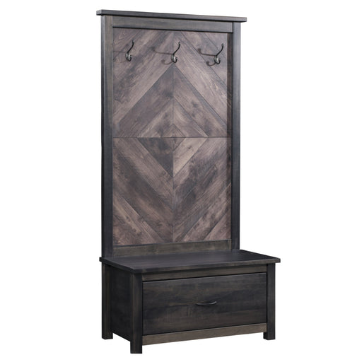 A tall entryway hall tree with a dark charcoal gray finish, featuring a chevron wood pattern back panel with three hanging hooks and a single drawer at the bottom.