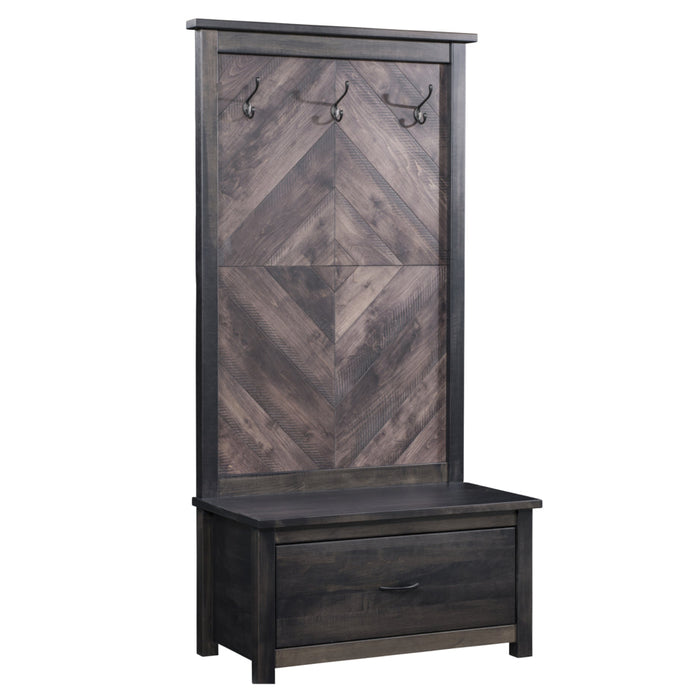 A tall entryway hall tree with a dark charcoal gray finish, featuring a chevron wood pattern back panel with three hanging hooks and a single drawer at the bottom.