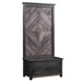 A tall entryway hall tree with a dark charcoal gray finish, featuring a chevron wood pattern back panel with three hanging hooks and a single drawer at the bottom.
