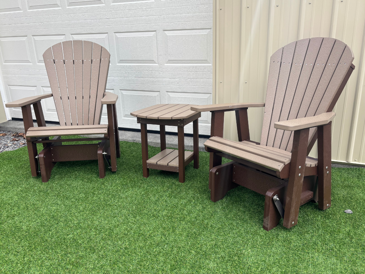 Amish Superior Adirondack Glider Set With End Table - Tangent Poly - Weatherwood on Brown