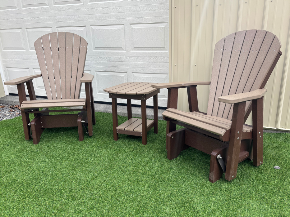 Amish Superior Adirondack Glider Set With End Table - Tangent Poly - Weatherwood on Brown