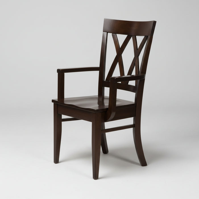 Two wooden chairs with X-shaped backrests on a white background
