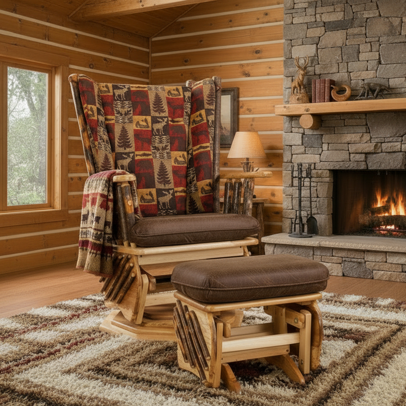 Hickory Log 4 Post Swivel Glider with Gliding Ottoman Amish Built Hickory Log Glider Cabin Style