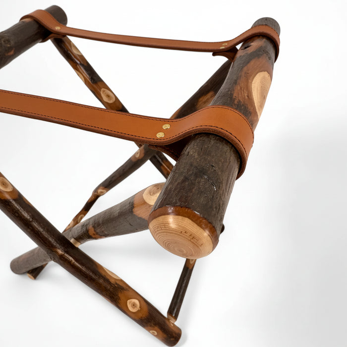 Hickory Log Luggage Rack with Leather Strap Close Up Photo
