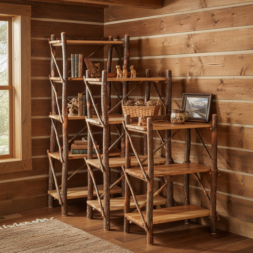 Hickory Log Open Book Shelves Cabin Style Bookcases