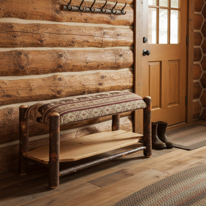 Hickory Log Upholstered Entry Bench with Shoe Rack Shelf 