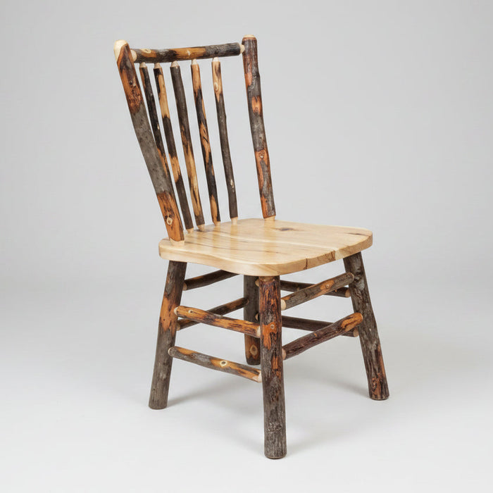 A rustic wooden dining chair with a light natural wood seat and back slats, and dark brown weathered legs and frame, shown against a plain white background.