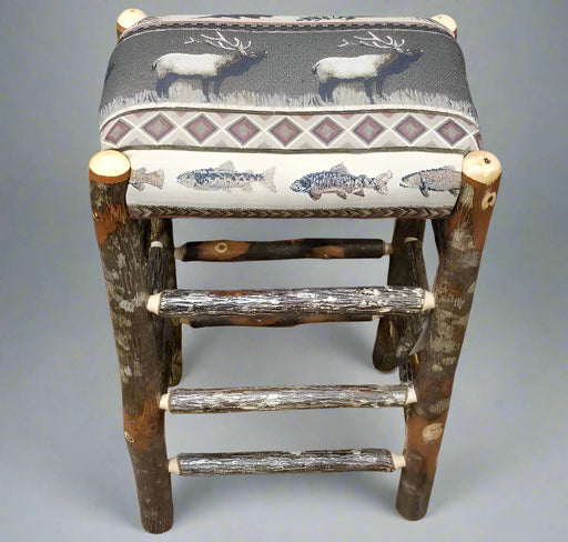 Amish Built Hickory Log Padded Barstool Front Facing