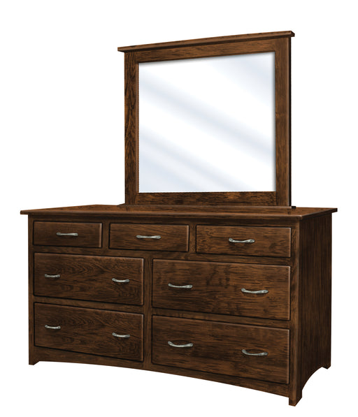 Hopewell Shaker Style Low Dresser with Shaker Beveled Mirror in rich Tobacco Stain on Brown Maple