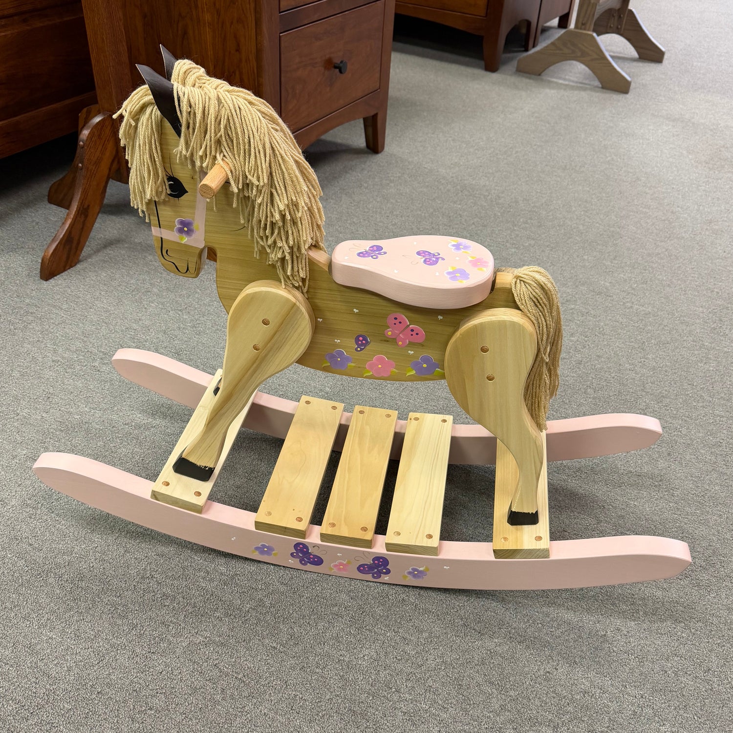 Amish Pink Butterfly Painted Kids Rocking Horse - In-Stock