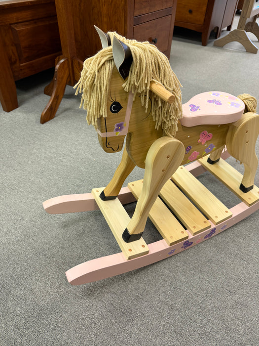 Amish Pink Butterfly Painted Kids Rocking Horse - In-Stock