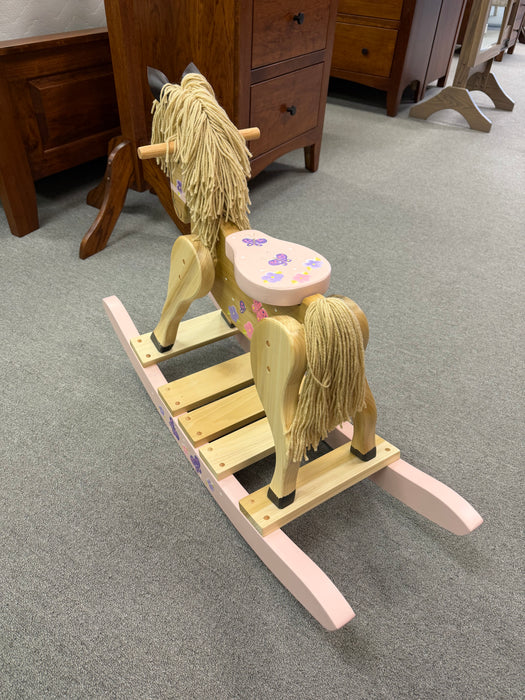 Amish Pink Butterfly Painted Kids Rocking Horse - In-Stock