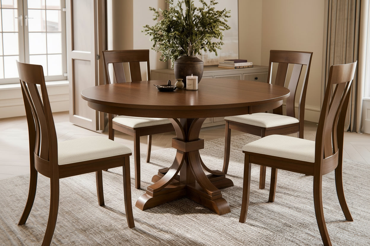 Amish Karston Single Pedestal Dining Set with Fabric Seats